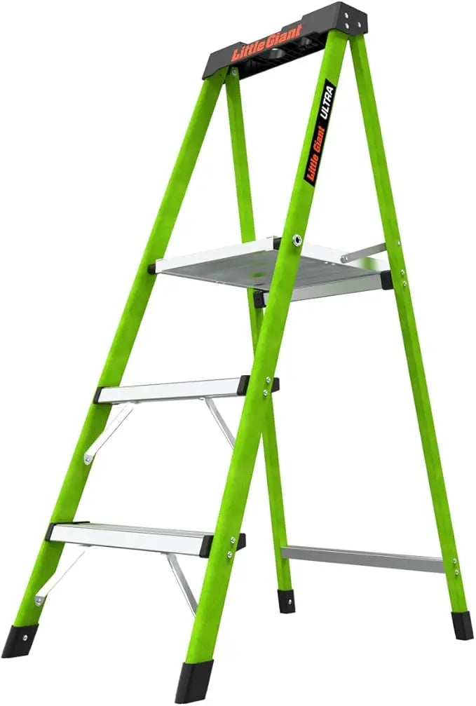 Little Giant Ultra Step Ladder with XL Platform, 3-Step Lightweight Foldable Non-Conductive Fiberglass, 300 Lbs. Capacity Type I