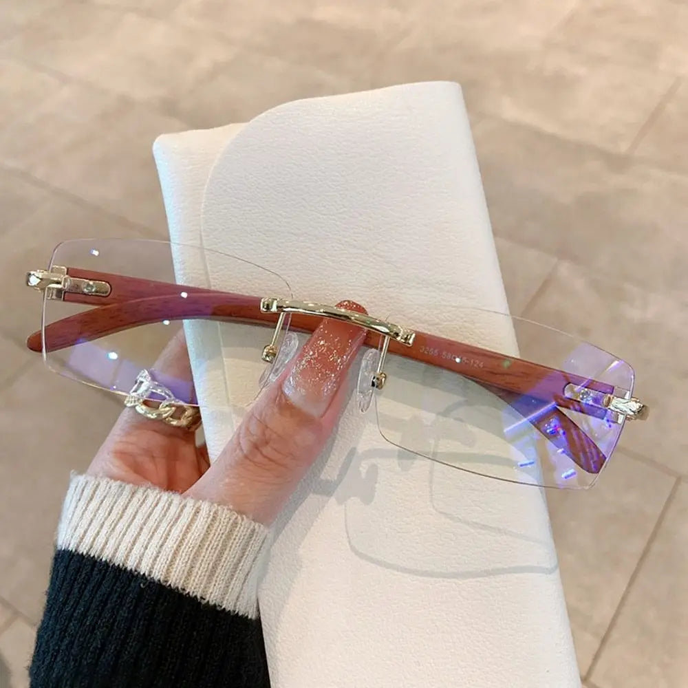 Rimless Sunglasses Men Women Wooden Pattern Luxury Brand Retro Square Sun Glasses Fashion Shades UV400 Travel Outdoor Eyewear