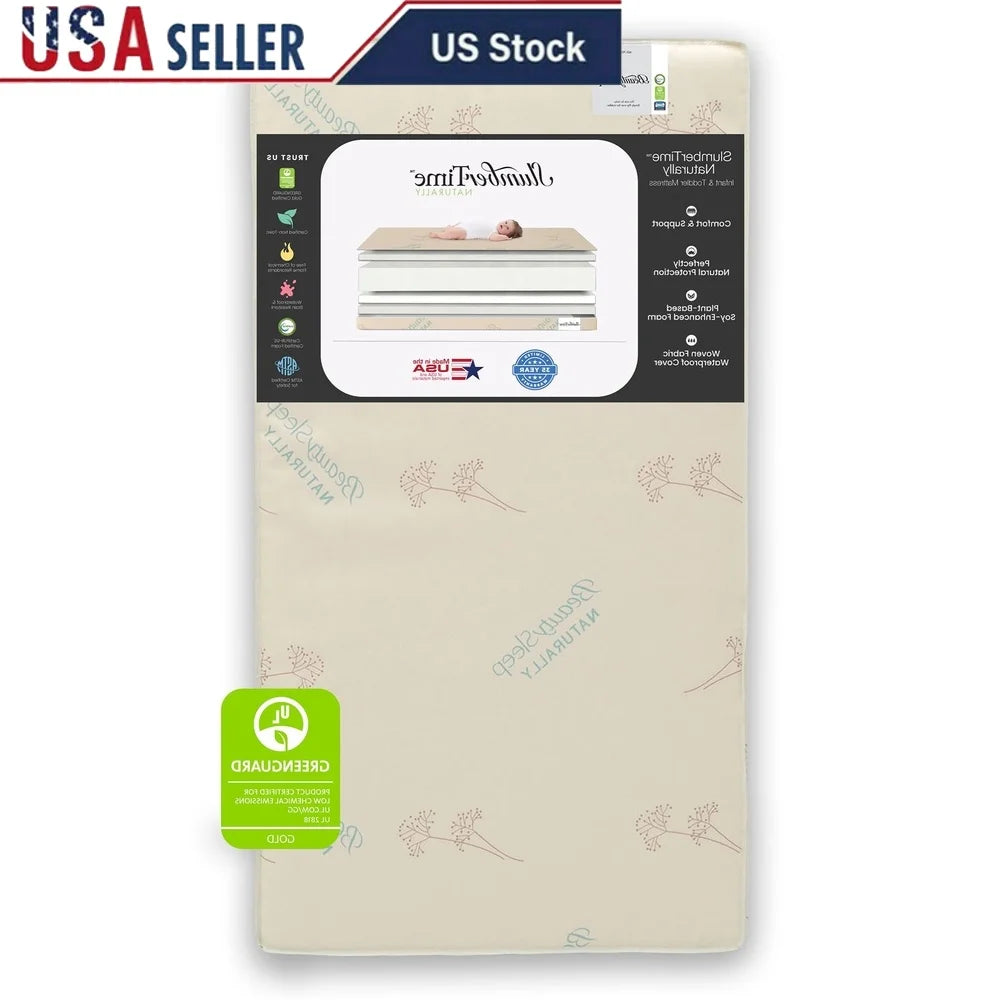 Dual Sided Crib Toddler Mattress Firm Soy Foam Core Natural Cotton Cover GREENGUARD Gold Certified Waterproof Baby Sleep