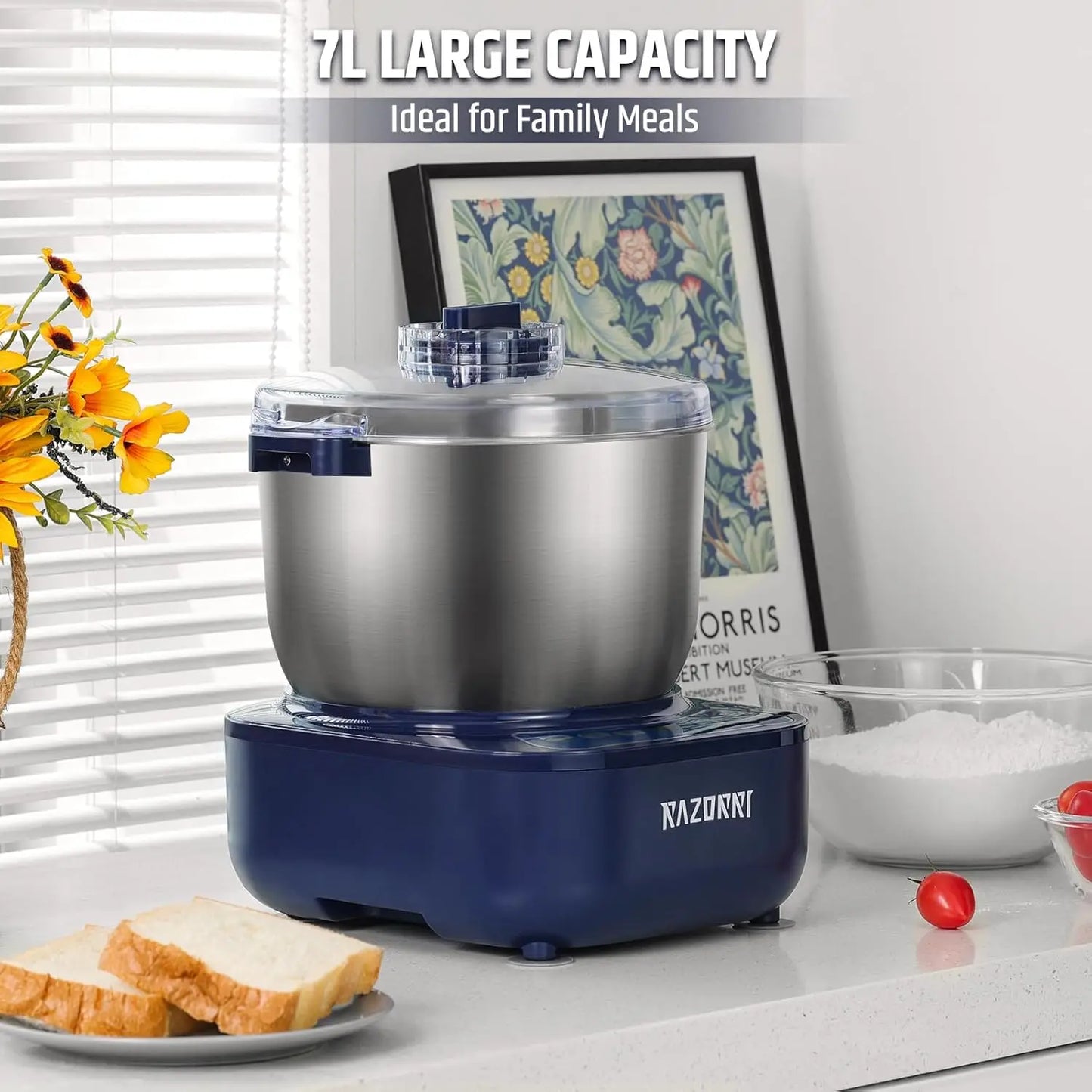 Electric Stainless Steel Kitchen Mixer 6.5 QT with Ferment Function Timer Countertop Dough Maker Blender for Home Use