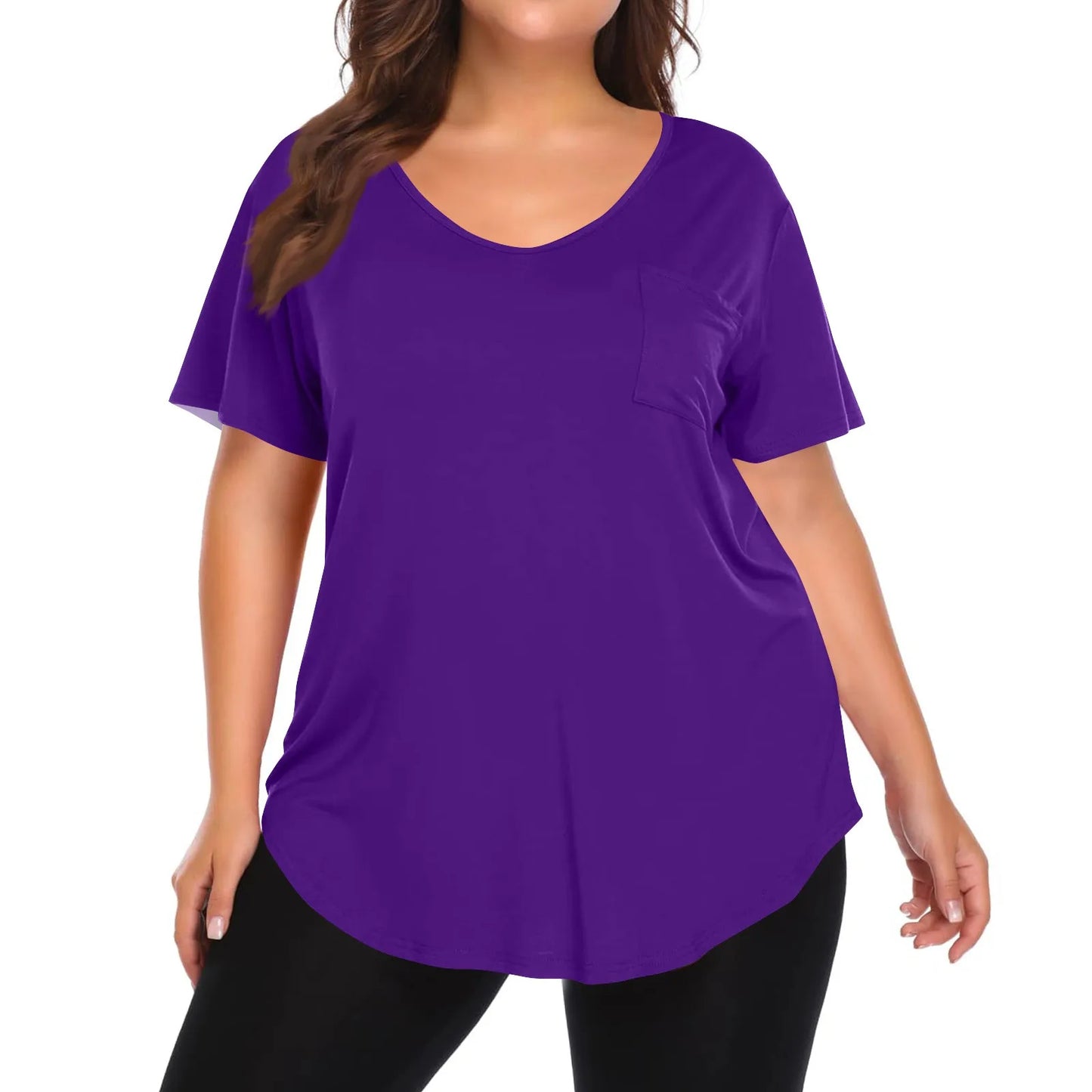 Plus Size Women's Tunic Tops Solid Color Large Size V-neck Loose T-Shirt With Pocket Summer Casual Basic Tee t shirts
