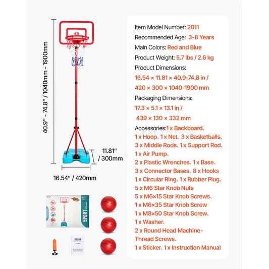 VEVOR Toddler Adjustable Basketball Hoop 104-190CM Rack for Kids Outdoor Indoor Ball Sport Backboard Rim Shoot Children Toys