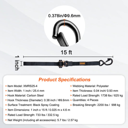 SucceBuy 4pcs Trailer Ratchet Tie Down Straps with Padded Handles Hook Brake Binding Belt for Moving Securing Cargo Motorcycle