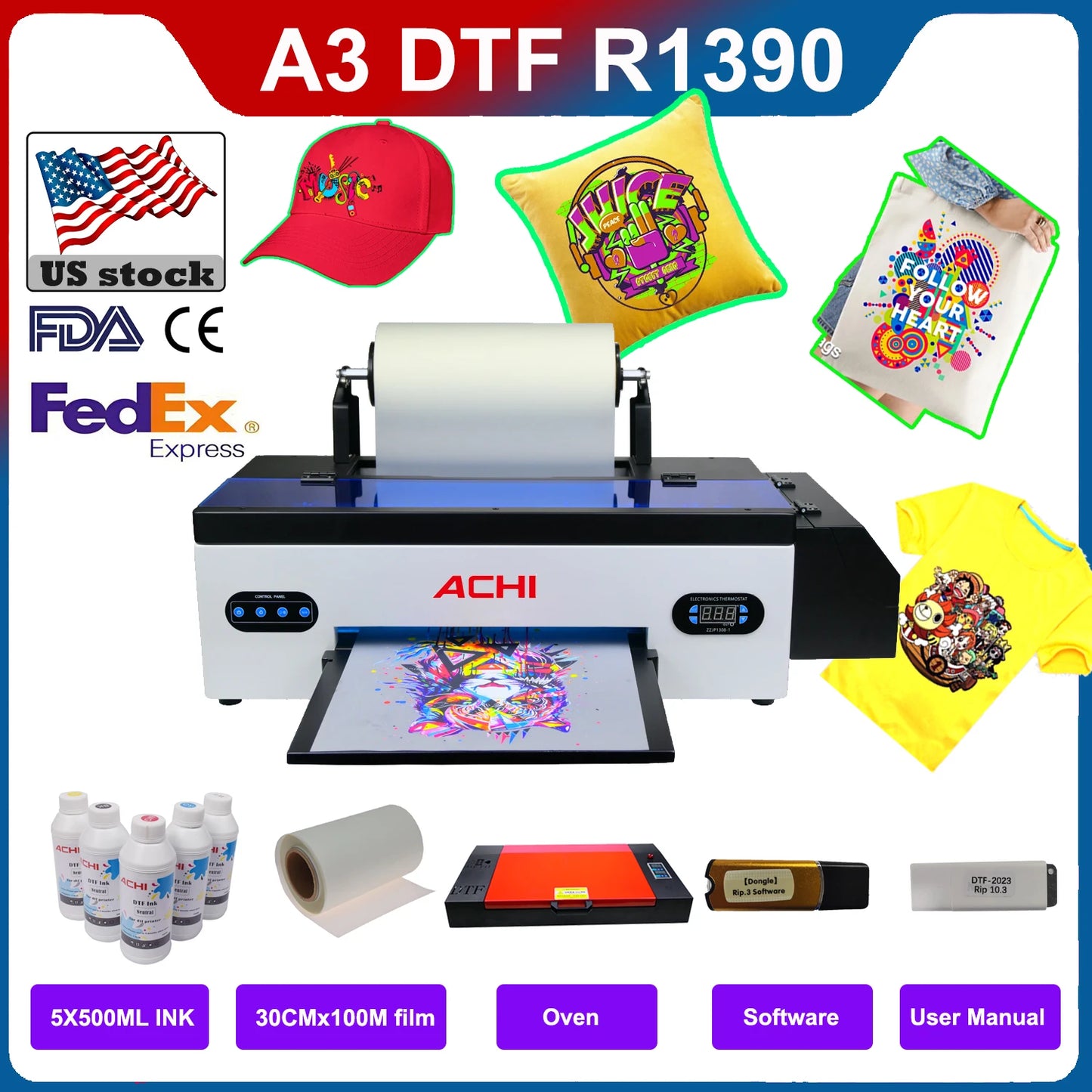 ACHI DTF Transfer Printer A3 DTF Printer T Shirt Printing Machine With Curing Oven for Clothes Hoodies Jeans Textile EU US Stock