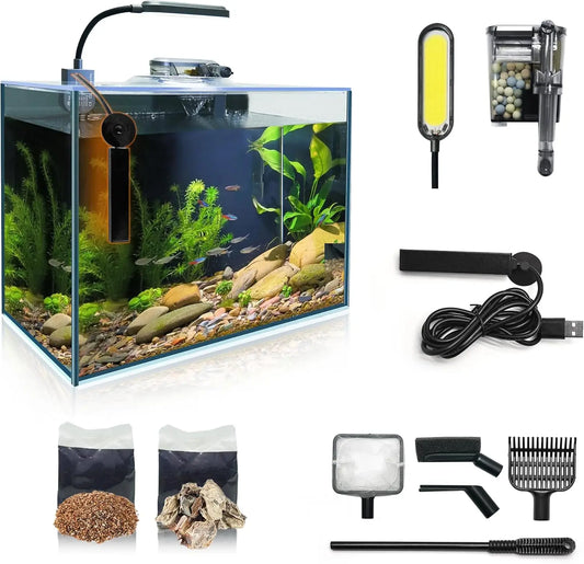 2.6 Gallon Glass Betta Fish Tank with Heater Self Cleaning System Efficient Filter Bright Light