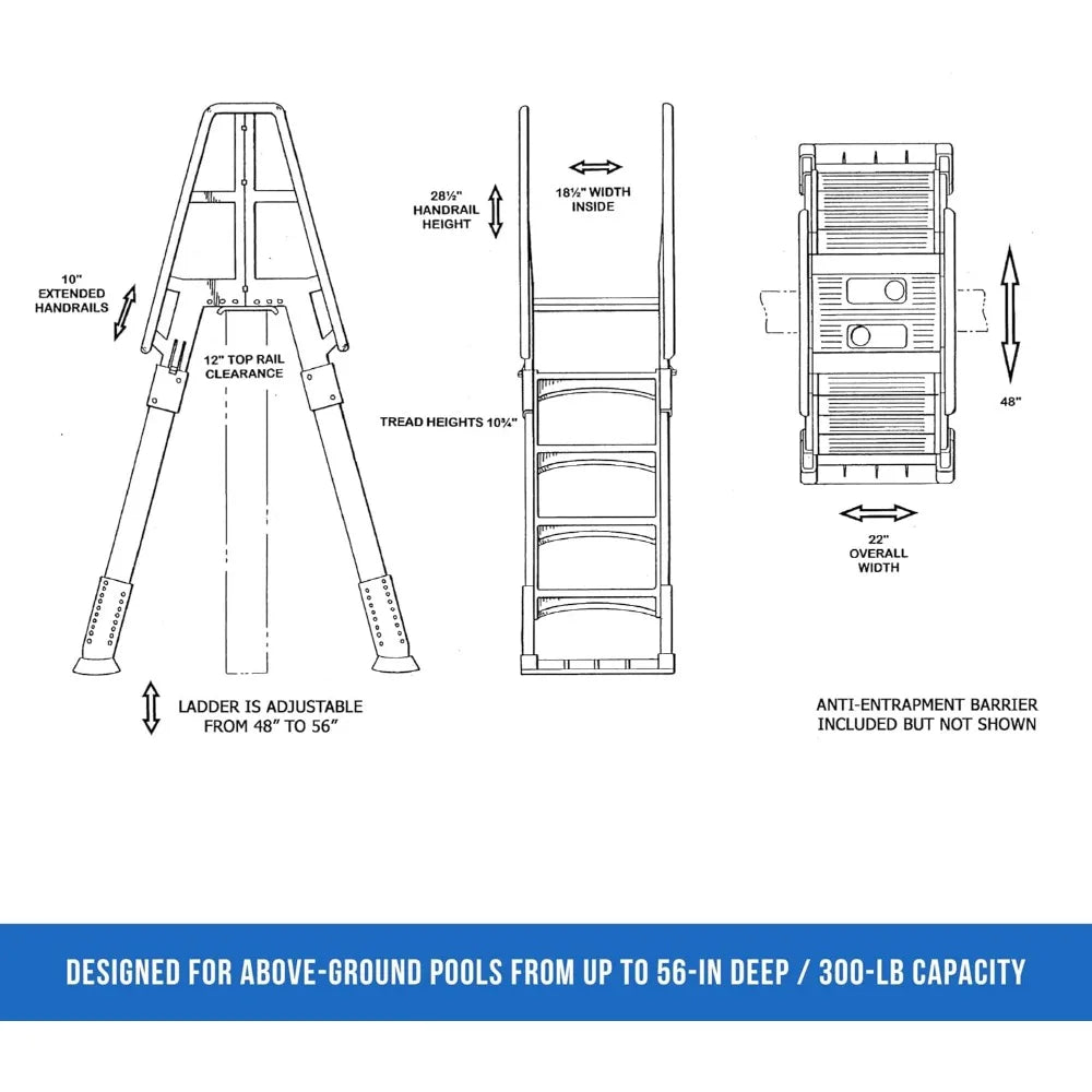 Vinyl Works SLA A-Frame 48-56 Inch Adjustable Above Ground Swimming Pool Ladder Entry System with Slide Lock Barrier and Handrai
