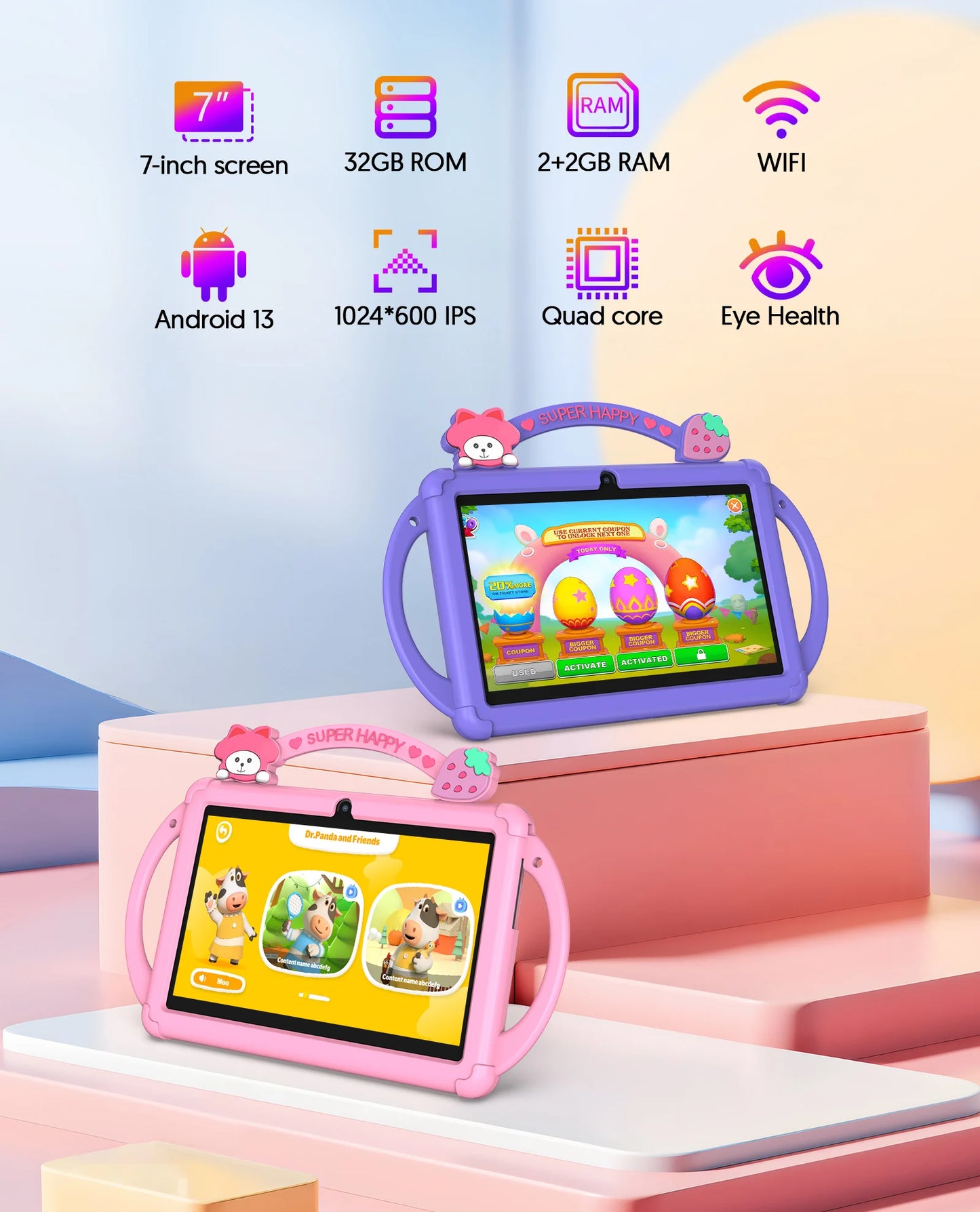 Android 13 tablet, 7-inch children's tablet, quad-core processor, 5G WiFi tablet, 4GB (2G+2G-memory expansion) RAM+32GB ROM, wit