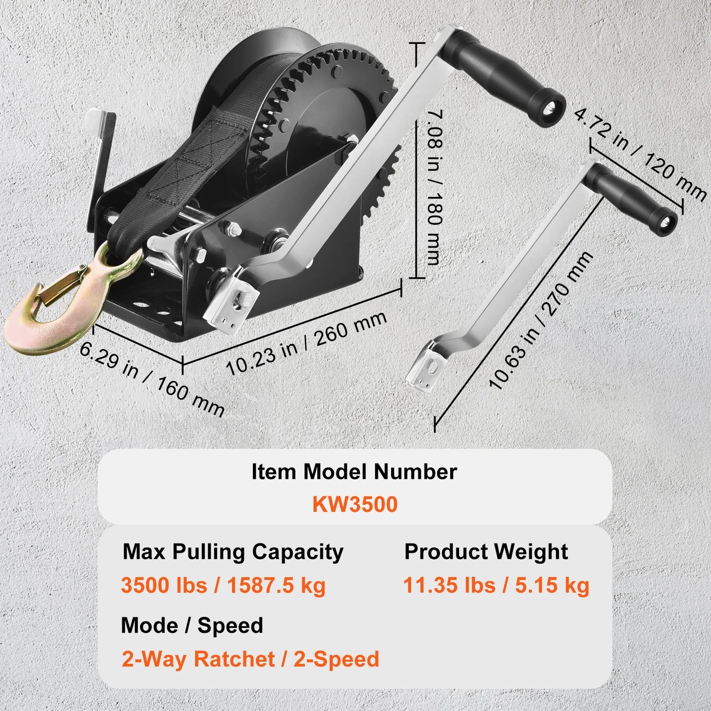 SucceBuy Hand Winch Boat Trailer Winch Heavy Duty Rope Crank Polyester Strap & Two-Way Ratchet Manual Operated Hand Crank Winch