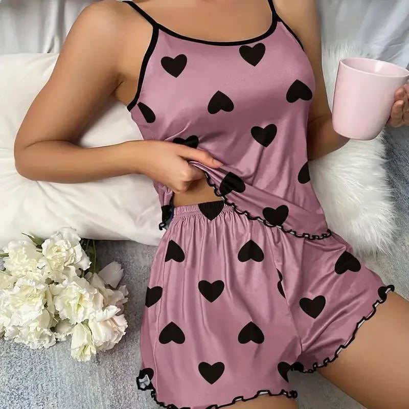 Women's Ice Silk Pajama Set – Pink Heart Print Short Sleeve T-Shirt & Shorts, Comfortable Summer Sleepwear
