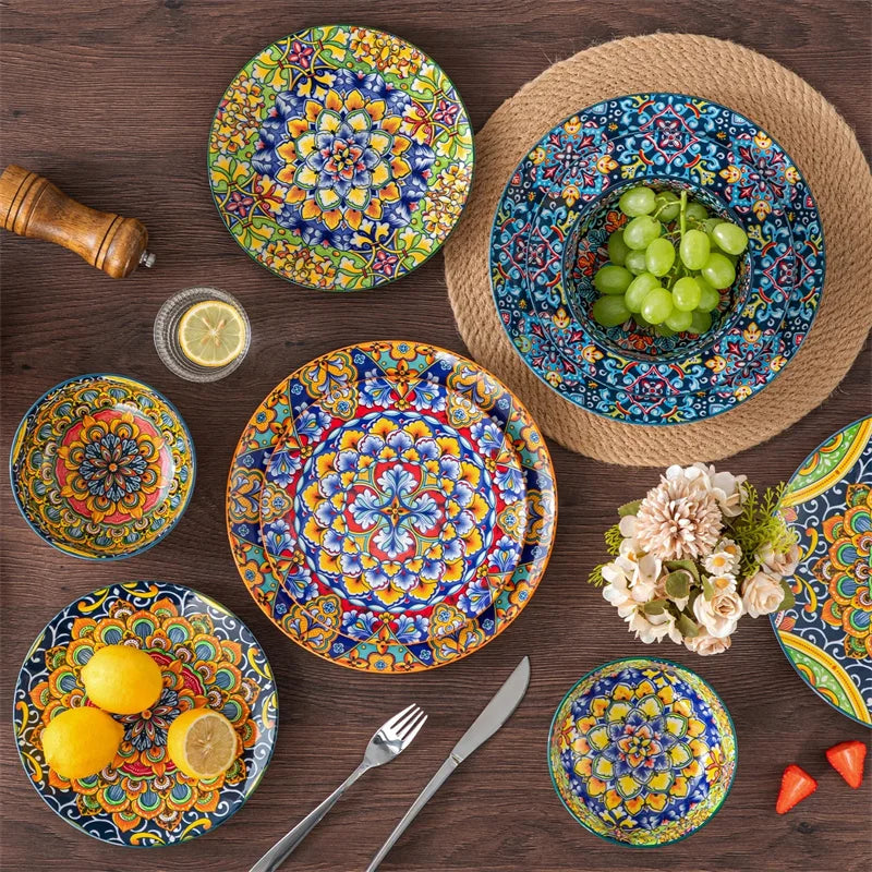 12Pcs Bohemian Style Ceramic Dinnerware Set Plates and Bowls For 4 Dinner Tray Dessert Plate/Cereal/Pasta Bowl Kitchen Tableware