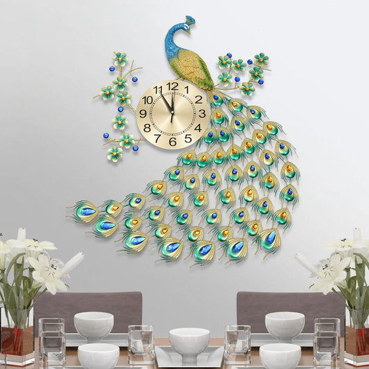 Luxury Peacock Wall Clock Metal 3D Art Decoration 8.26 Inch Silent Quartz Scanning Movement Dining Room Decor