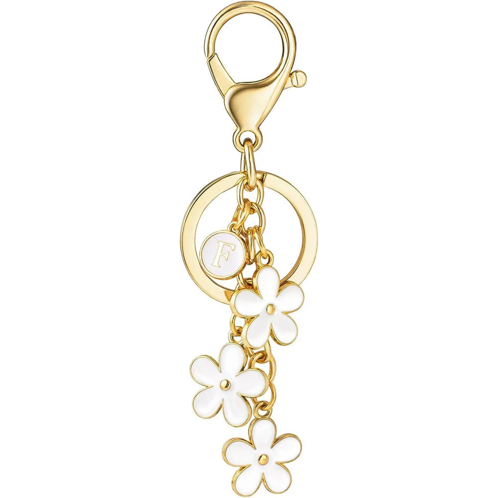 Initial Keychain White/Pink Flower Charms Key Cute Letter Keyring For Handbag Backpack