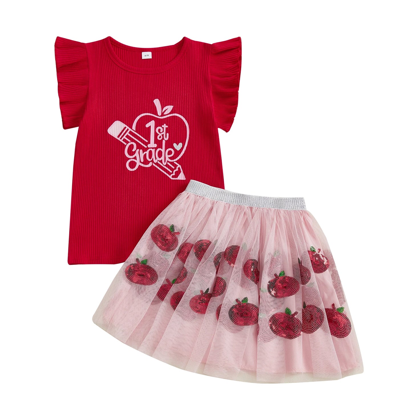 Cute Toddler Girls Back to School Outfits with Flutter Sleeve Apple Print Tops and Tulle Skirt Set - Adorable Baby Clothes for