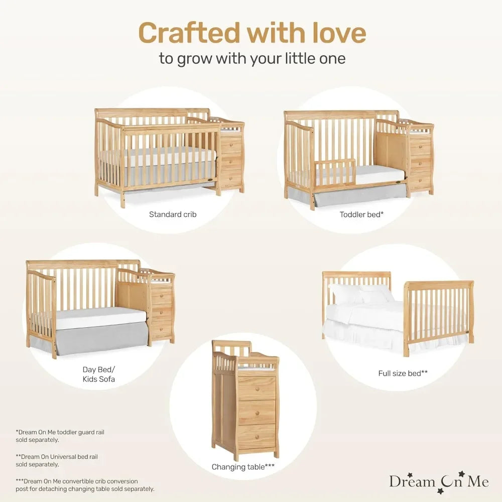 Multifunctional space-saving baby furniture for newborn to toddler with crib, changing table and 3-drawer dresser.