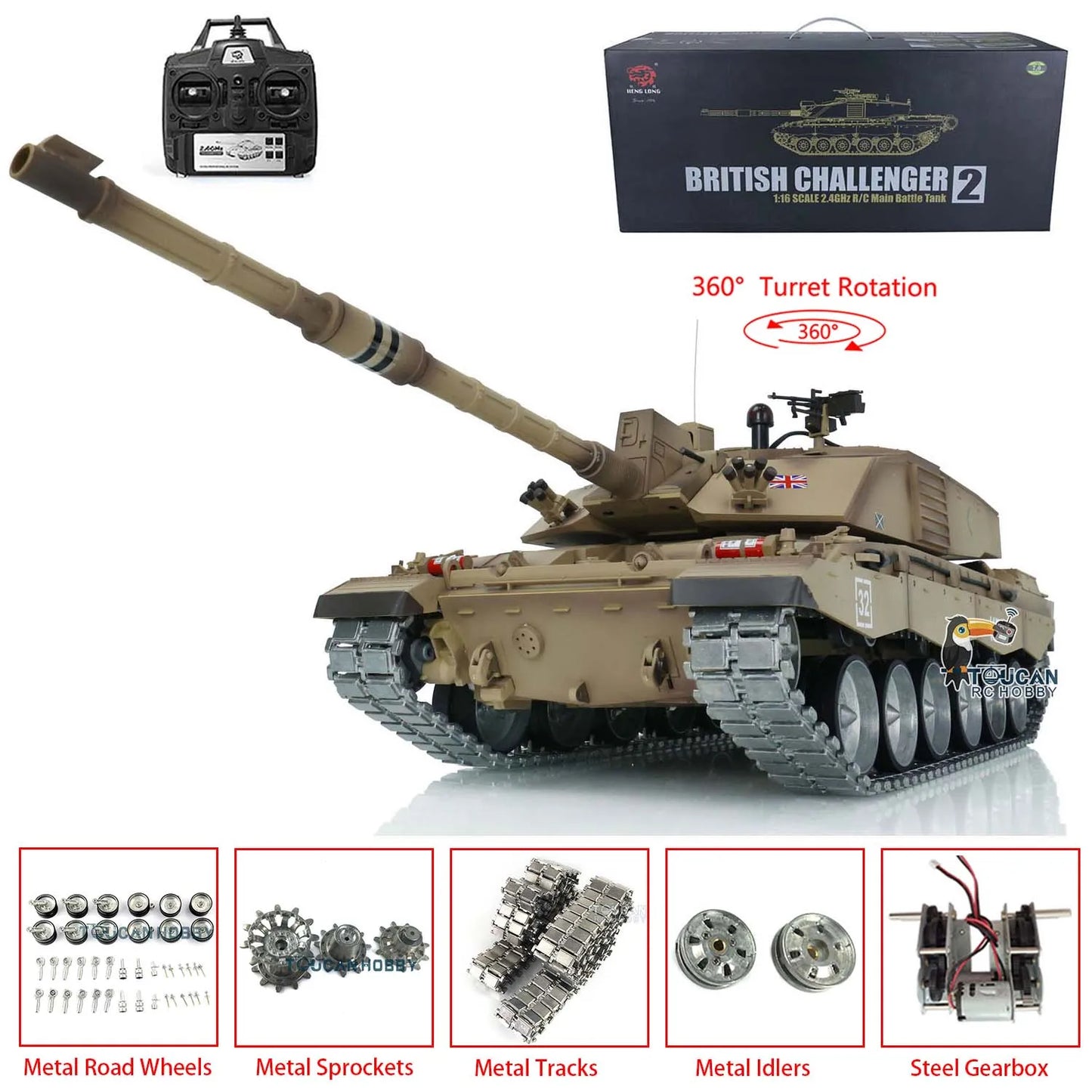 US Stock Heng Long 1/16 7.0 Customized Challenger II RC Tank 360° Turret Metal Tracks British Main Battle Tank 3908 Panzer Toy
