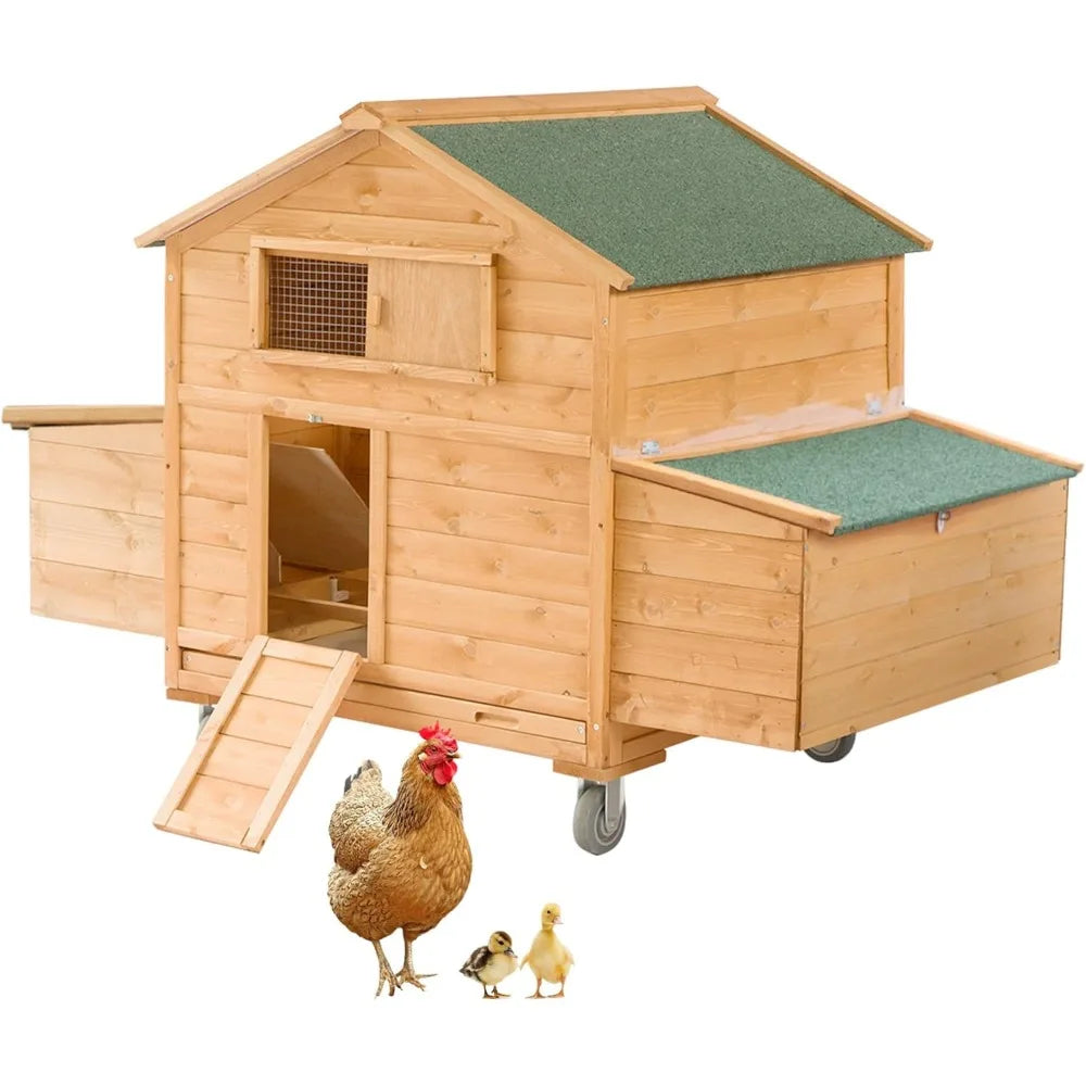 Mobile Chicken Coop with Wheels Large Hen House with Nesting Boxes Portable Chicken House for 4 to 6 Chickens Wooden Poultry Cage