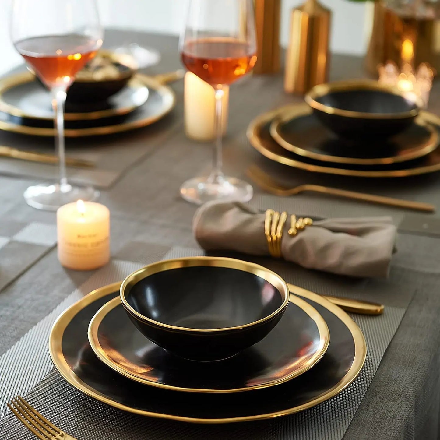 Black Luxury Plates and Bowls Sets, 12 Piece Porcelain Dinnerware Sets Service for 4, Modern Dinner Plates Set, Gold Rim Dish Se