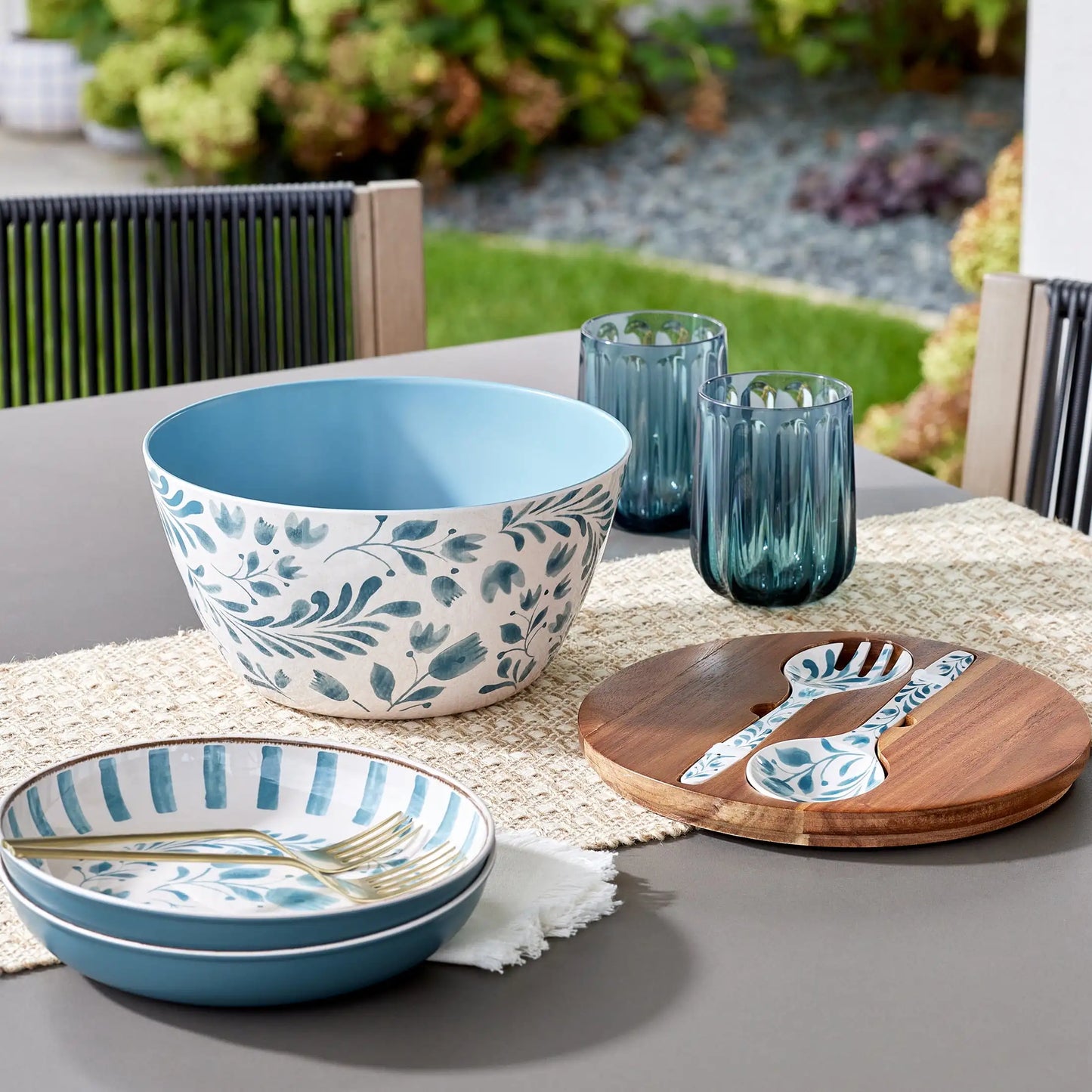 Better Homes & Gardens 4-Piece Bamboo Melamine Salad Serving Bowl and Utensil Set with Acacia Wood Lid, Blue