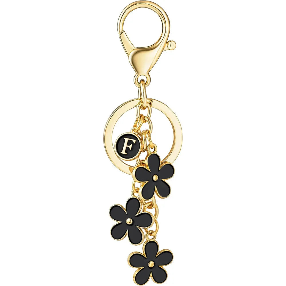 Initial Keychain White/Pink Flower Charms Key Cute Letter Keyring For Handbag Backpack
