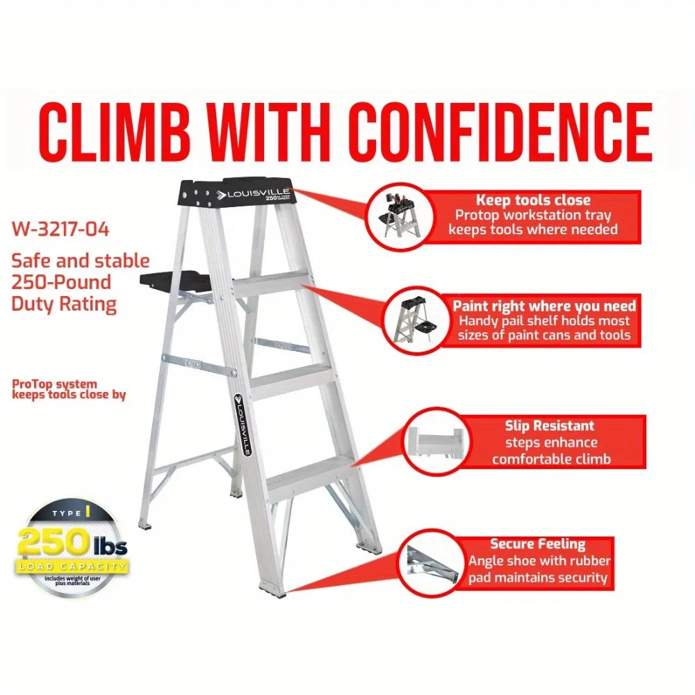 4' aluminum ladder, 250 lbs. Lightweight and safe with molded above, including a recessed tray to hold all tools