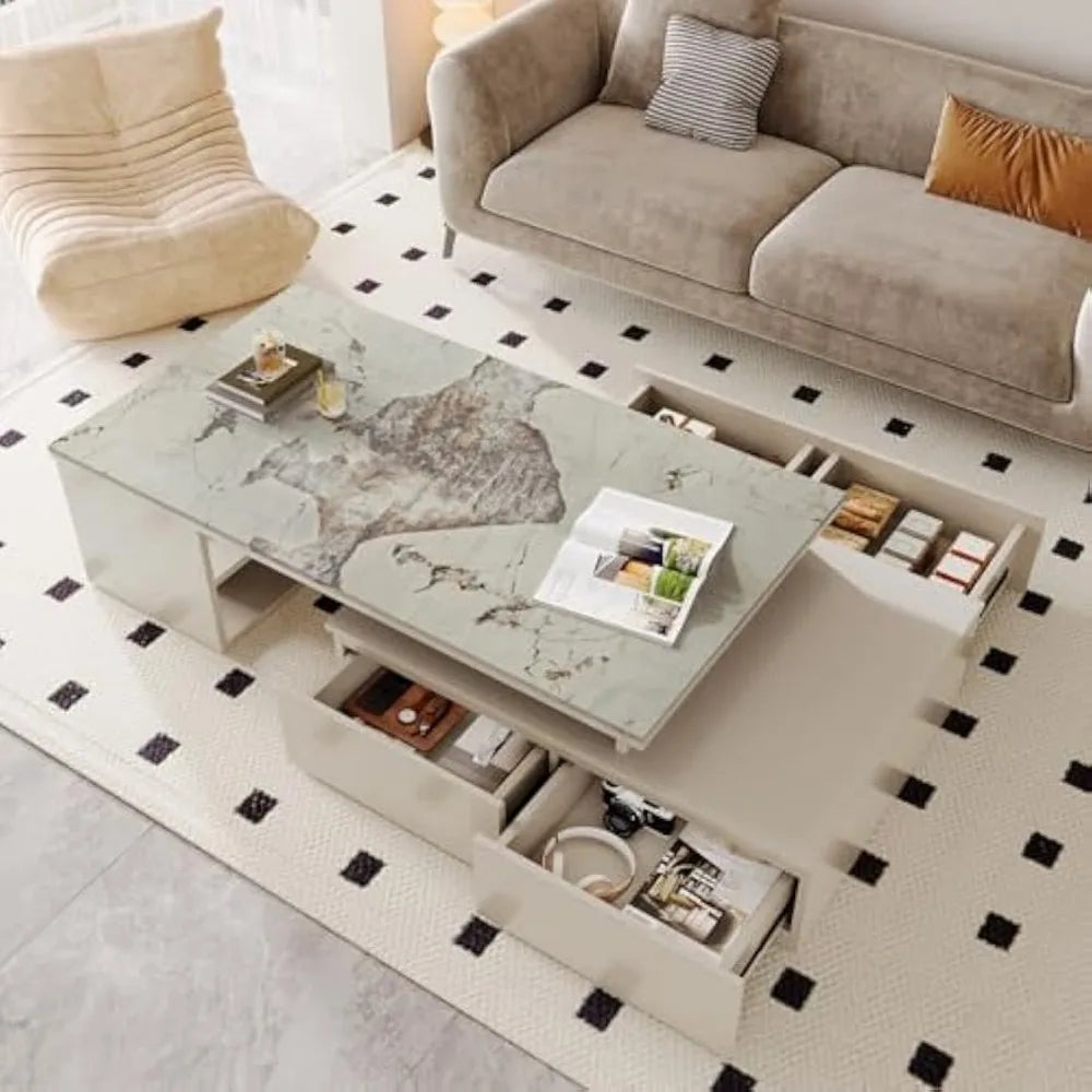 Extendable Tabletop Coffee Table with 4 Drawers and Storage Shelf Modern Design 51 Inch to 71 Inch Center Table for Living Room Beige