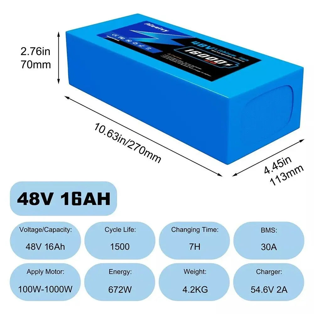 Aleaivy 36V 48V Electric Bike Lithium Battery Pack 10,14,20Ah Li ion Ebike Battery for Bicycle Scooter Motorcycle with Charger