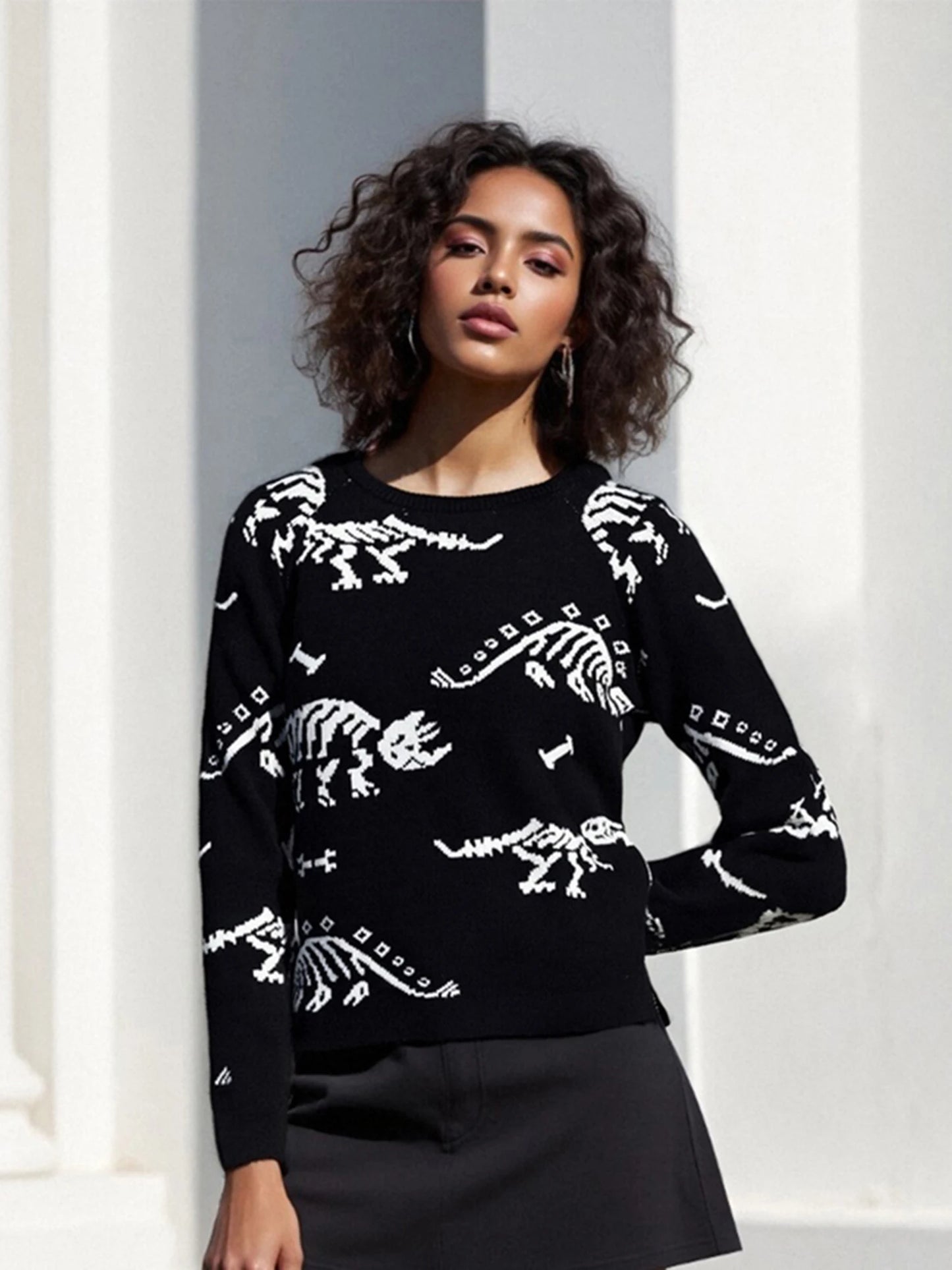 Women s Winter Cozy Sweater Adorable Cartoon Character Print Long Sleeve Crew Neck Knit Pullover Jumper