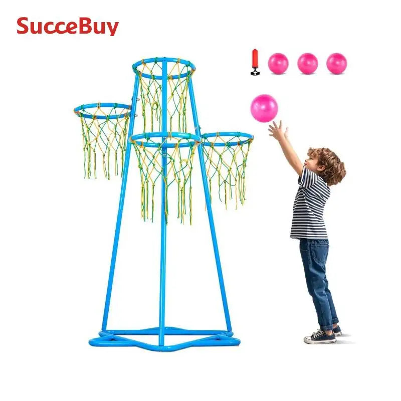 SucceBuy 4-Hoop Kids Basketball Hoop Stand with Adjustable Heights 3 Balls for Boys & Girls Indoor Outdoor Basketball Sport Toys