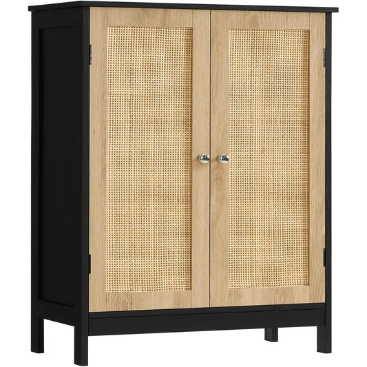 Storage Cabinet with Rattan Doors Adjustable Shelf Floor Cabinet for Living Room Entryway and Kitchen