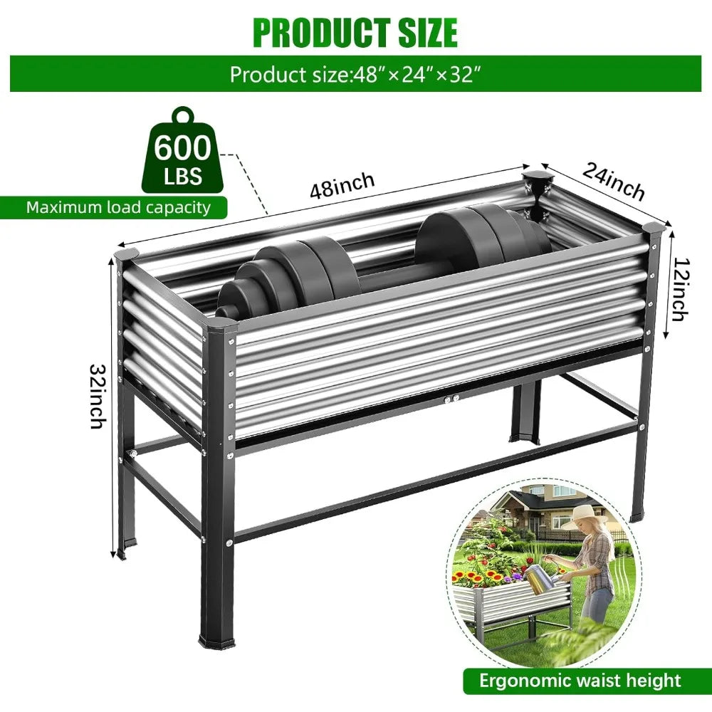 doniks 2pcs raised garden bed with legs, 48×24×32in large outdoor metal galvanized garden planting box, 600lb capacity for veget