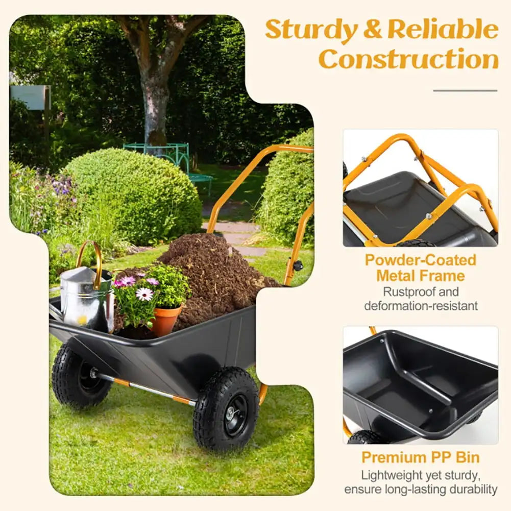 Dual-Wheel Wheelbarrow Garden Utility Cart with Pneumatic Tires, Outdoor Patio Garden Tools-Black