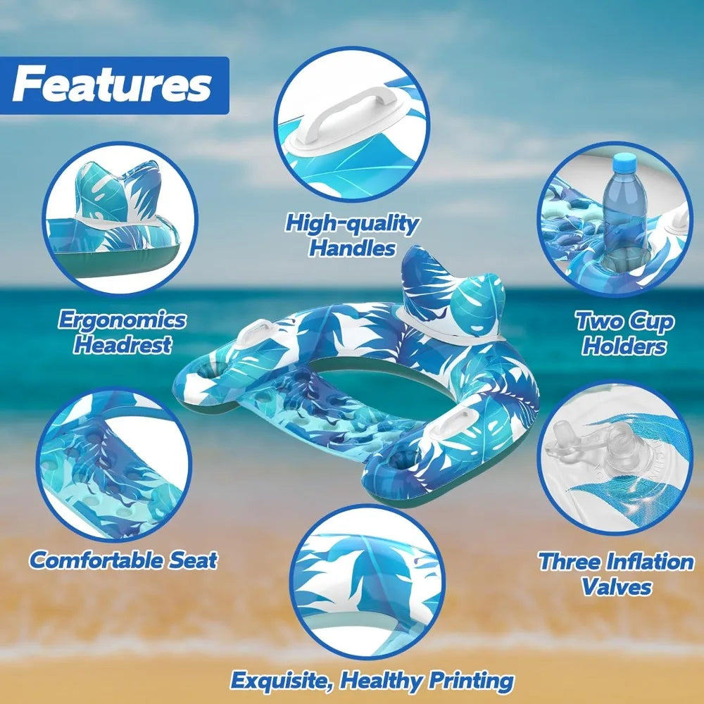 Pool Floats, 3 Pack Inflatable Pool Float Chairs with Cupholders & Handles, Pool Floats Adult & Kids Perfect for Pool Lake & Riv