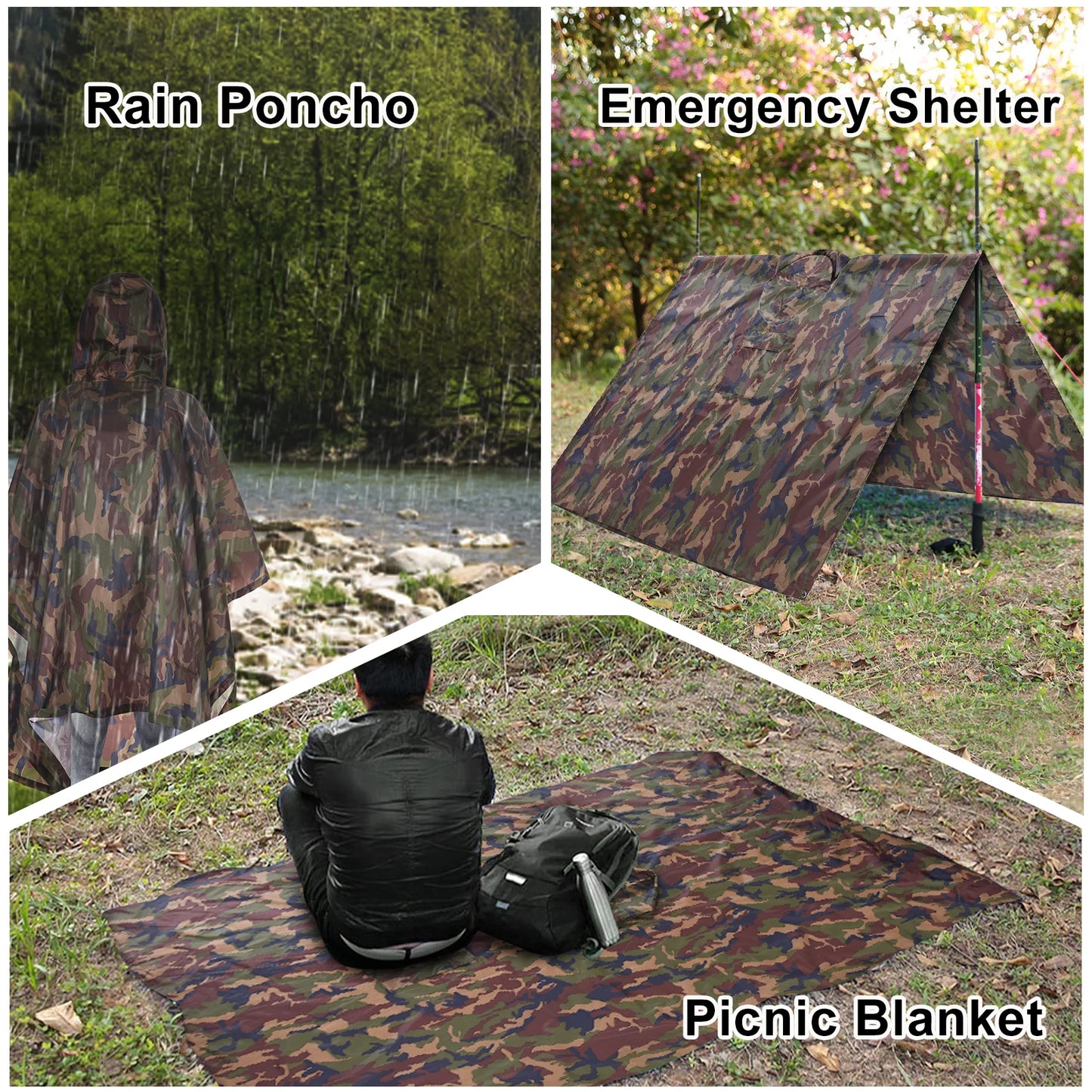 TOMSHOO Hooded Rain Poncho with Pocket Lightweight Waterproof Rain Coat Sun Shelter for Men and Women Camping Hiking Traveling