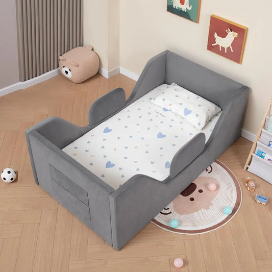 Toddler Floor Bed with Removable Safety Rails and Storage Bag, Kids Bed for Girl and Boys, Standard Crib Size, Safety Upholstere