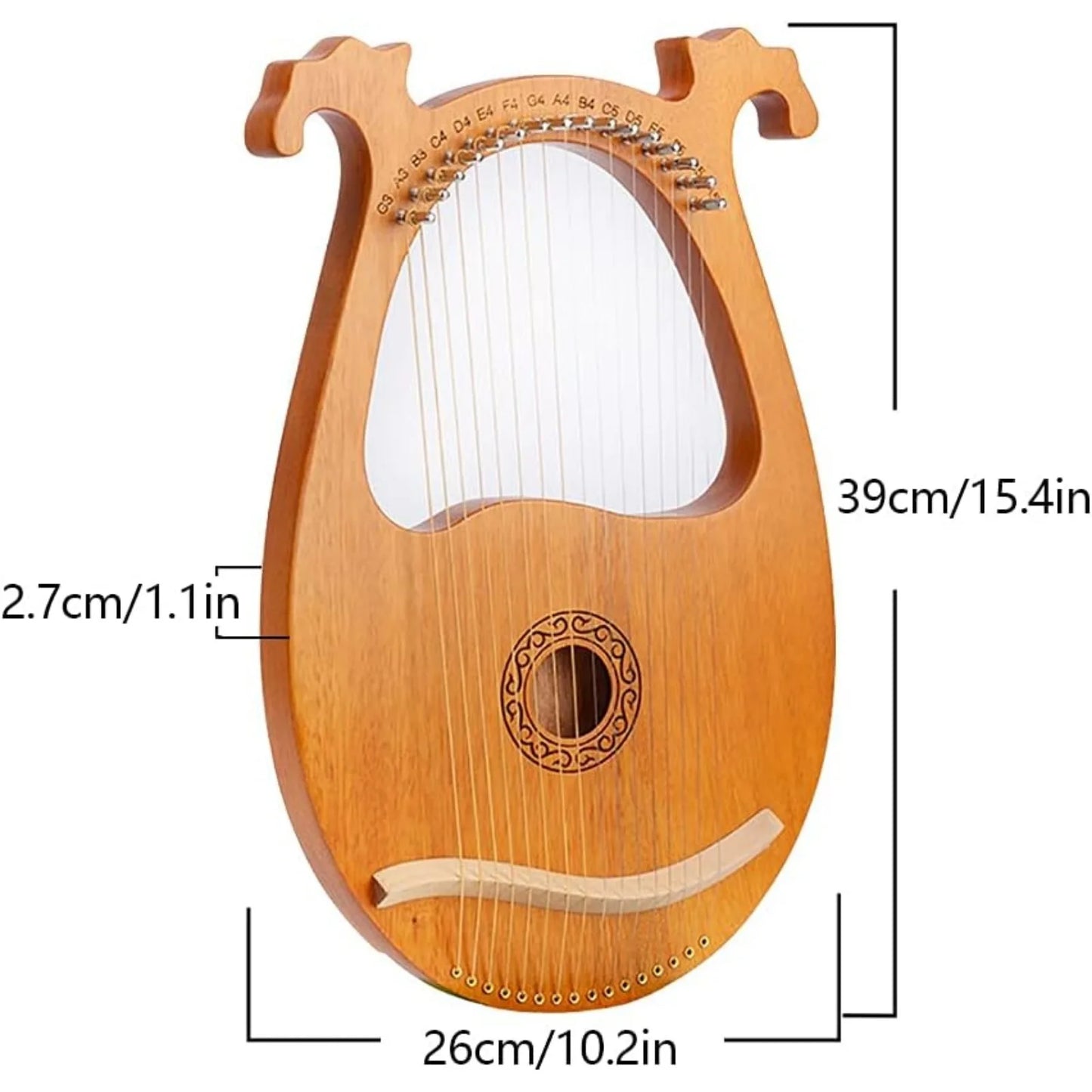16-String Mahogany Lyre Harp, Handcrafted Solid Wood Instrument for Beginners & Professionals (Includes Tuner & Picks)