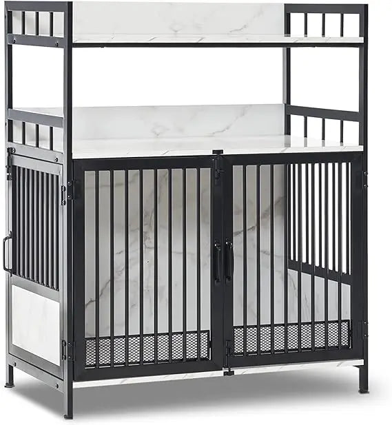 Furniture Style Dog Crate with Storage Shelves, Heavy Duty Wooden Dog Cage End Table, Triple Doors Pet House Indoor, 1368 (Whit