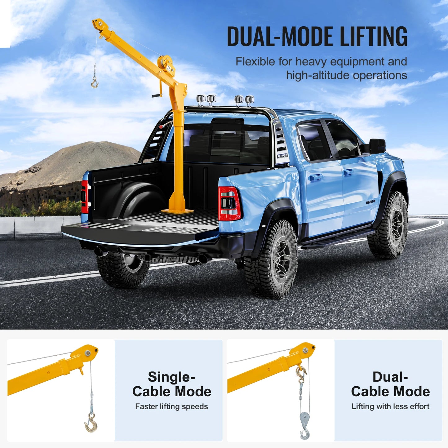 SucceBuy Folding Pickup Truck Crane 360° Swivel with 1100 lbs Manual Winch Mounted Bed Jib Crane Hoist for Factory Lifting Goods