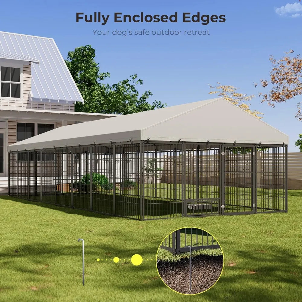 10X19FT Large Dog Kennel Outside with Feeding, Heavy Duty Outdoor Dog Run Cage with Cover & Lock, Outdoor Pet Enclosure Fence fo