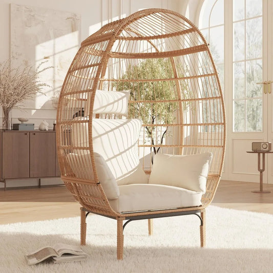 500 Pounds Capacity Oversized Wicker Egg Chair All Weather Rattan Egg Lounge Chairs for Patio Backyard Living Room Outdoor Use