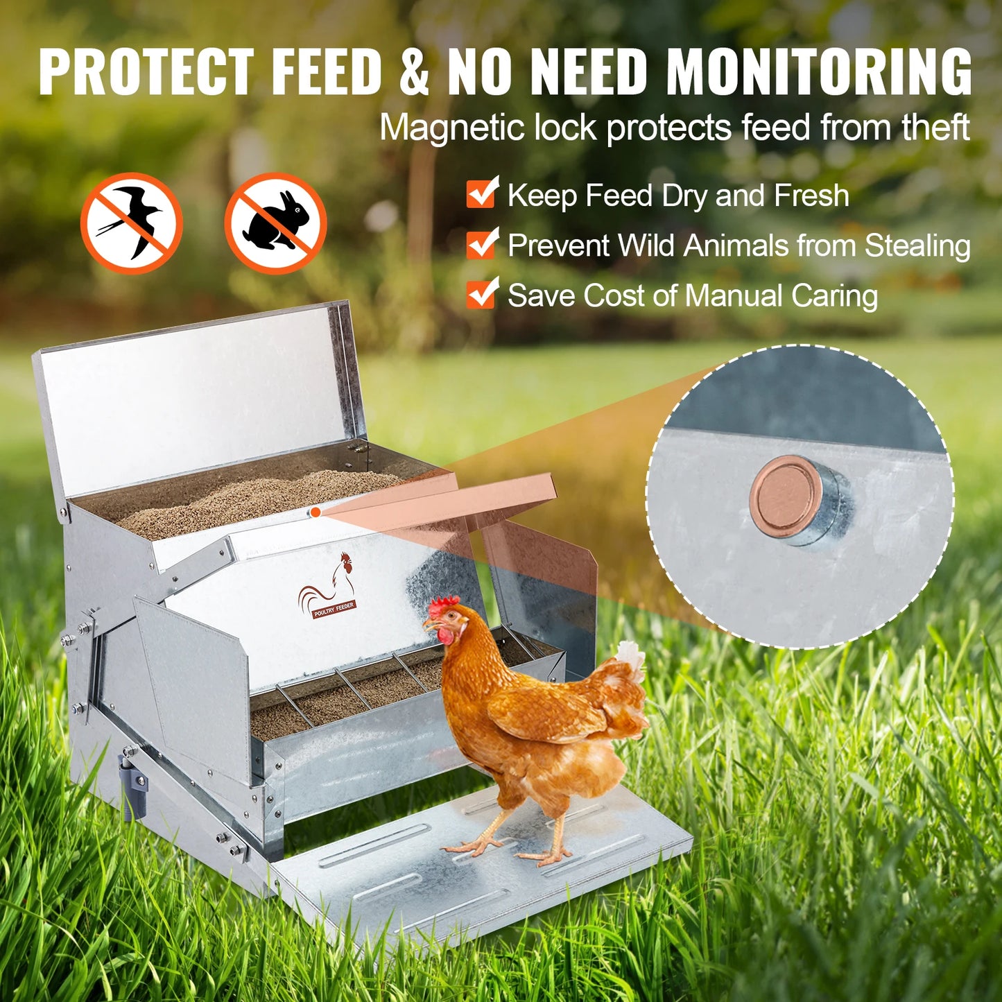 VEVOR Automatic Chicken Feeder 25 Pounds Capacity Feeds 10 Chickens up to 11 Days Galvanized Steel Poultry Feeder