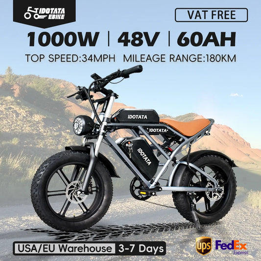 IDOTATA S7 Electric Bike for Adults 48V 60Ah Dual Battery 20 Inch 4.0 Fat Tires Snow Mountain E Bike 1000W Electric Bicycle