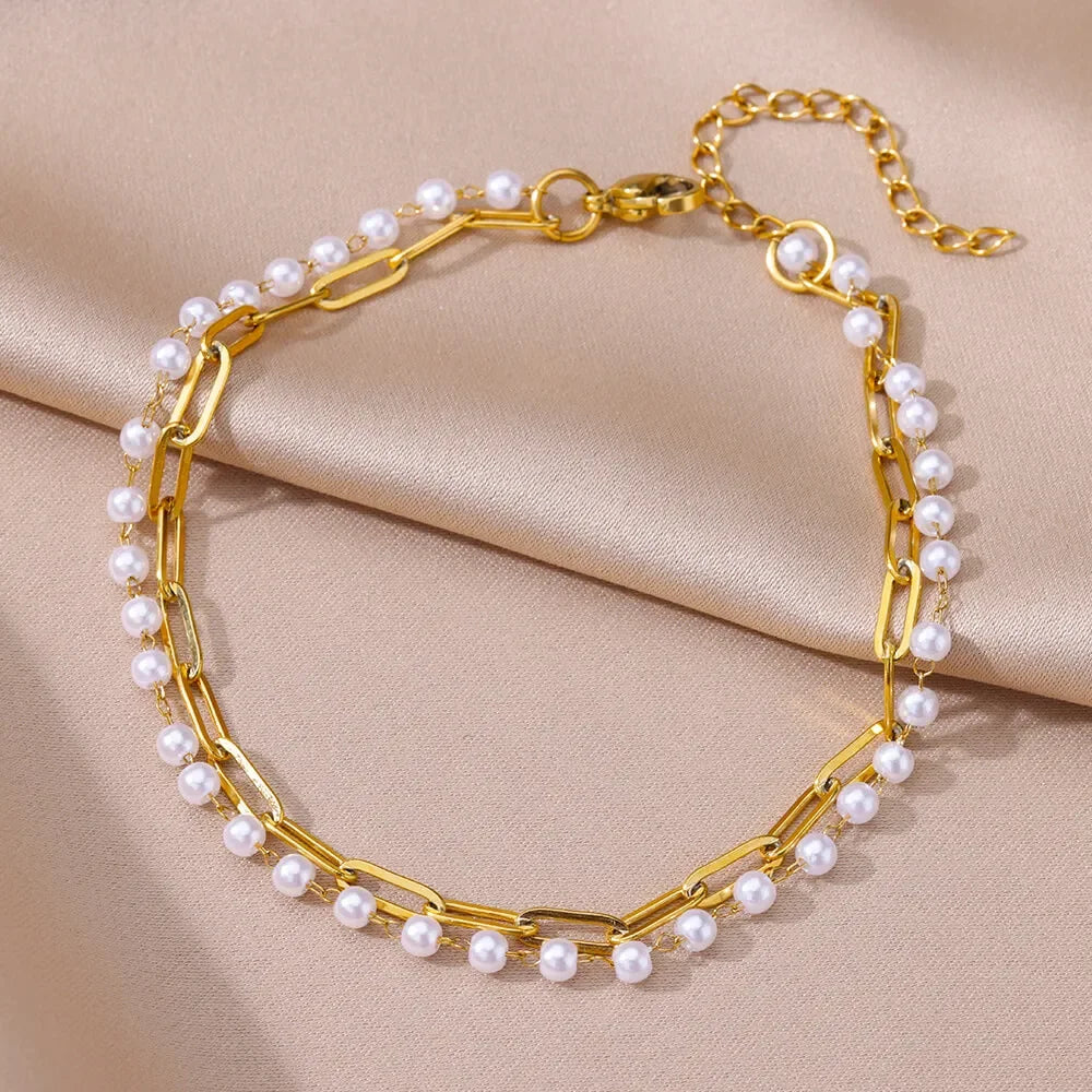 Anklets for Women Summer Beach Accessories Stainless Steel Imitation Pearl Chain Anklet Gold Color Leg Bracelets Bodychain Gifts