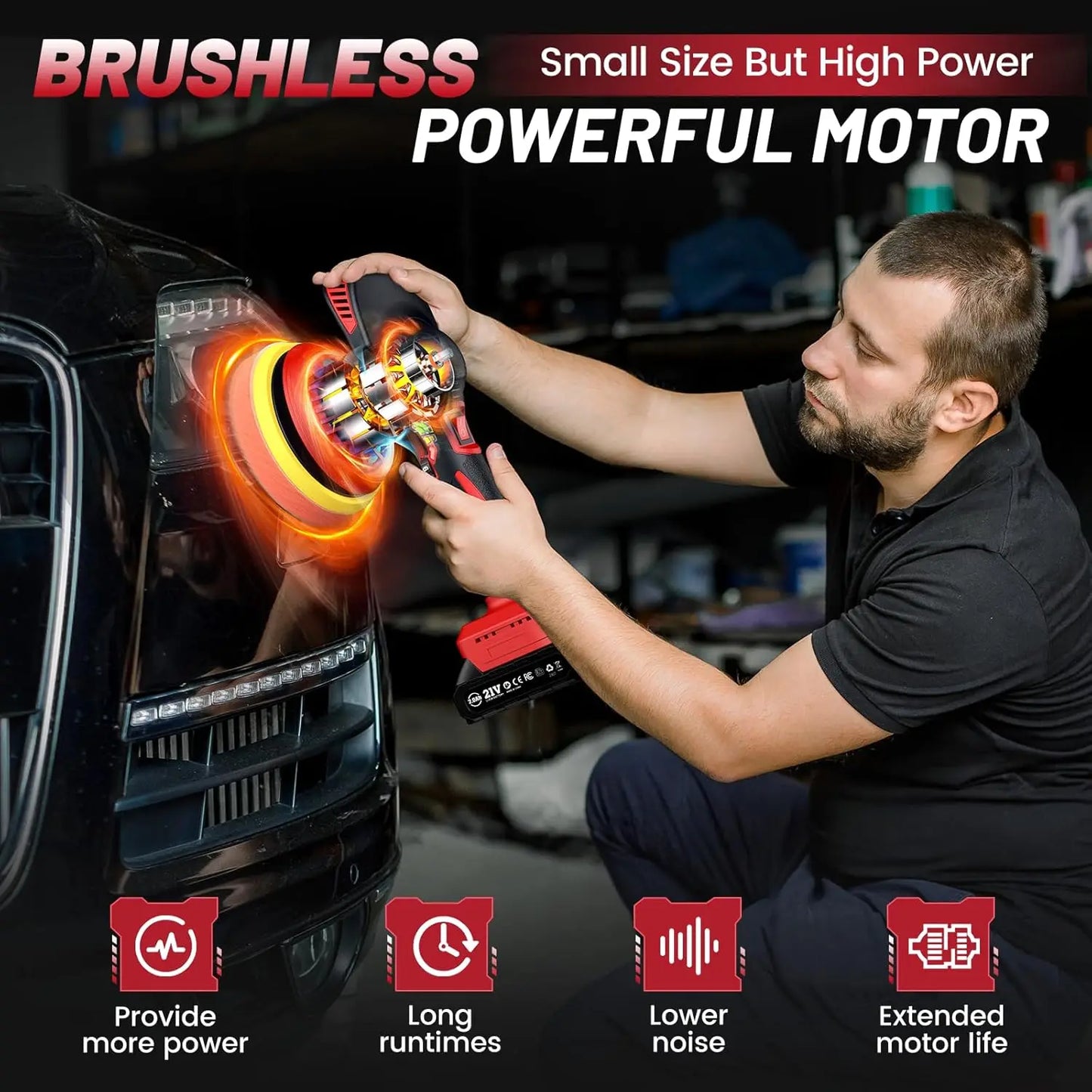 21V Cordless 6-Inch Car Polisher Kit with 2x2000mAh Batteries,6-Speed & 16PCS Attachments for Auto Detailing, Boat Sanding