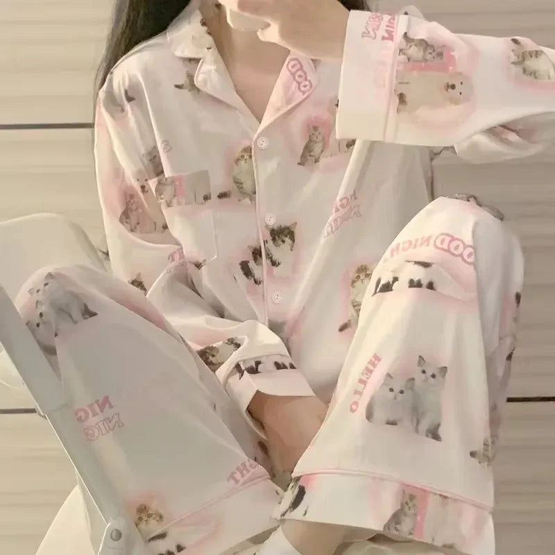 Ice Silk Luxury Pajamas Floral Long Sleeve Spring Women Set
