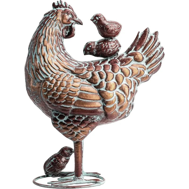 Garden Chicken Art Outdoor Statues - Mother Hen & Chicks Metal Statue, 13.5"x18" Life-Like Chicken Decor, Antique Copper Yard Or