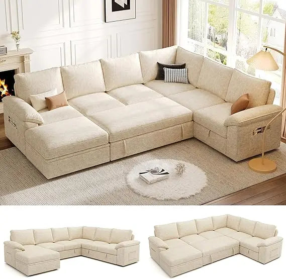 108 Inch Sectional Sleeper Sofa with Pull Out Bed, U Shaped 7 Seat Modular Sectional Sofa with Storage, Sectional Couches for Li
