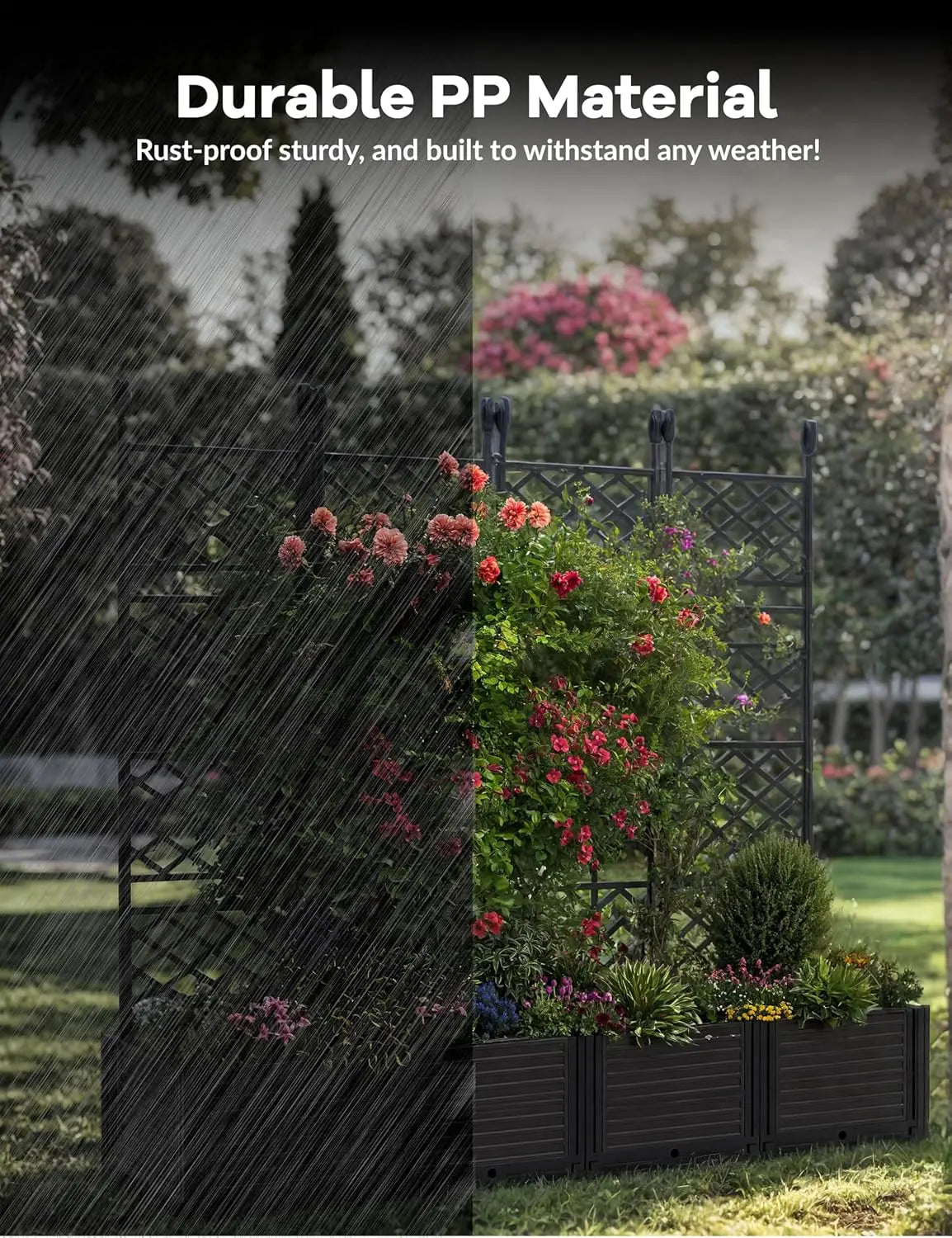 Plastic Planter Box w/ Trellis Rack 5.25FT Tall Raised Garden Bed Drainage for Outdoor Balcony Patio Flower Vegetable Planting