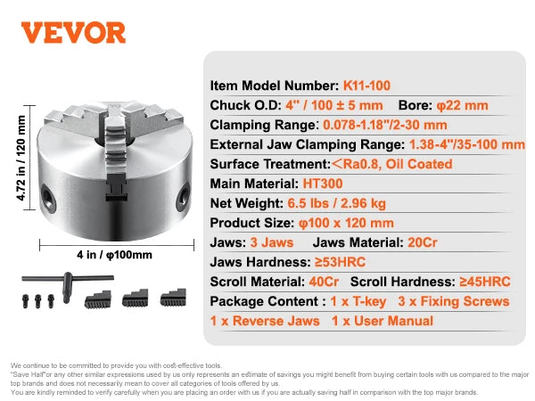 SucceBuy 3-Jaw Lathe Chuck 100/125/160/200/250 mm Self-Centering Lathe Chuck Multiple Clamping Range for Lathe Printer Machining