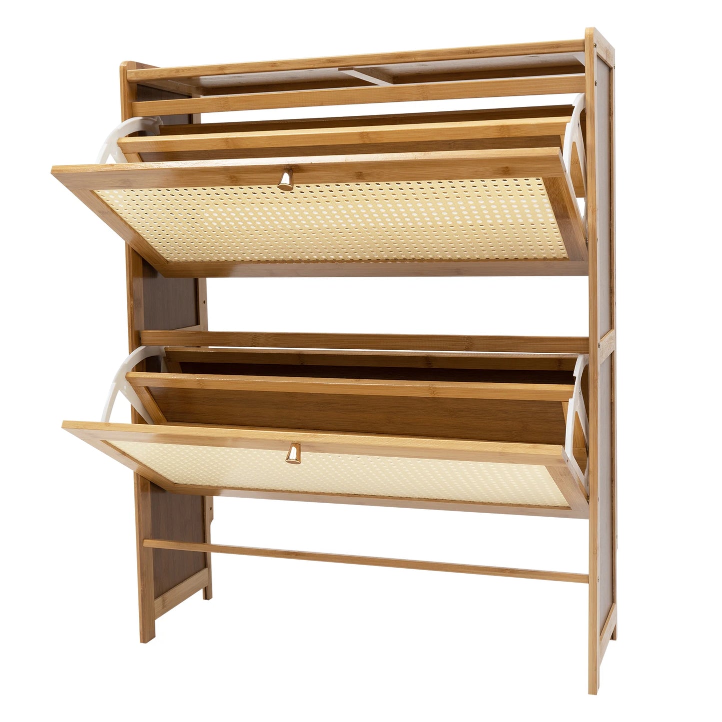 4-tier Rattan Shoe Cabinet Free-standing Shoes Storage Household Space Saving Cabinet for Entryway Hallway W/ 2 Fold-out Doors