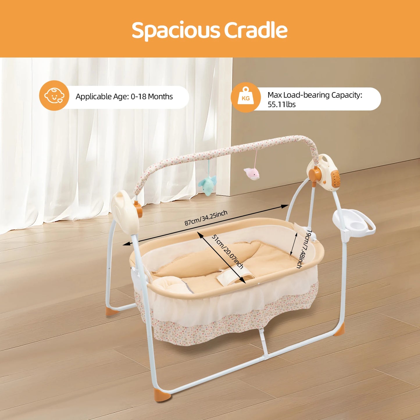 Electric Baby Crib Cradle Auditory Remote Control Foldable Auto-Swing Rocking Bassinet Sleep Bed Infant U-Shaped Strap/Buckles